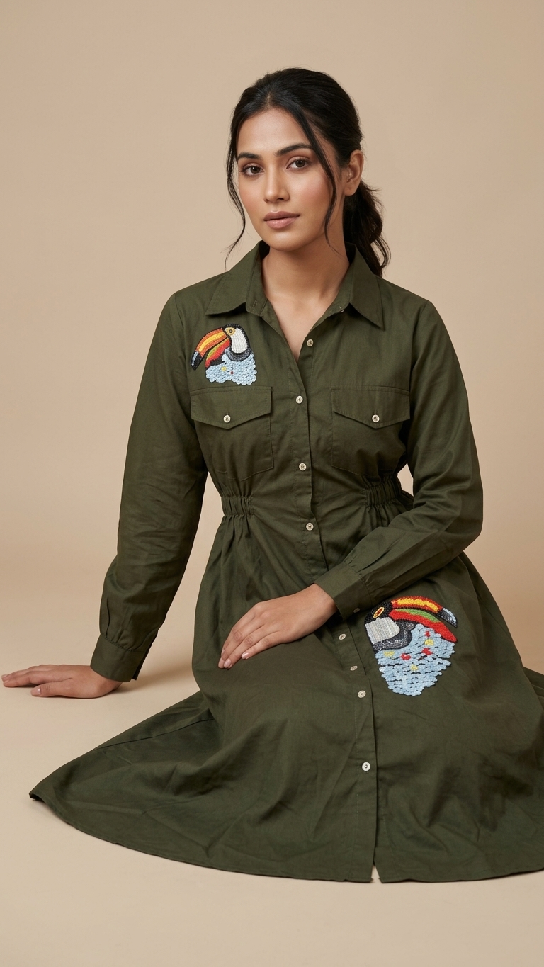 Emerald Toucan Embroidered Shirtdress